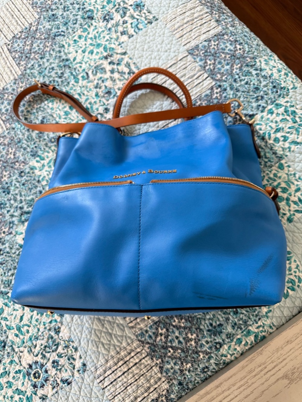 Dooney & Bourke Blue Leather Tote with Brown Trim - Picture 15 of 16